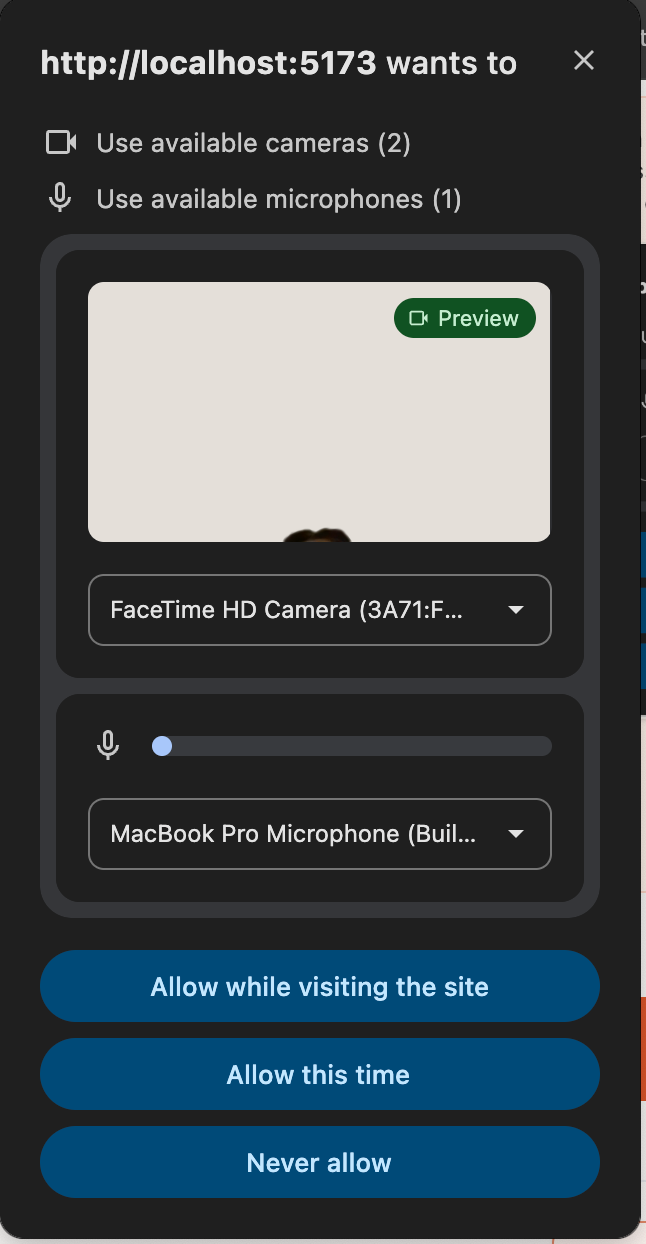 Browser prompt asking for microphone and camera access, with Block and Allow buttons