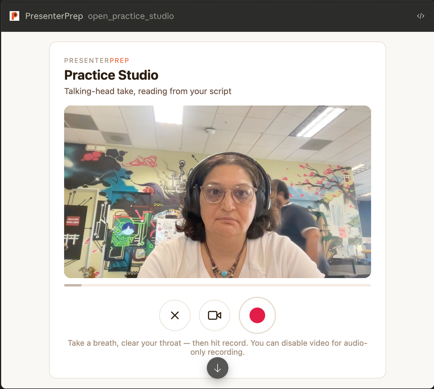 Practice Studio open inside a Claude conversation, showing a live camera preview, record and camera controls, and a warm-up prompt